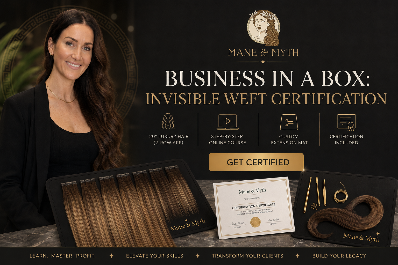 Advertisement for Mane & Myth Invisible Weft Certification with a woman and certification materials. Hair Extension class. Hair Extension Course. Hair Extension Workshop. Invisible Hair Extension Class